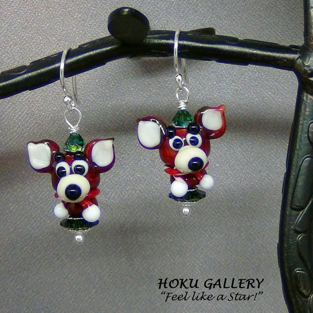 NWOT Earrings Lampwork Glass Reindeers Sterling Silver Earwires, Handmade,1 1/2"